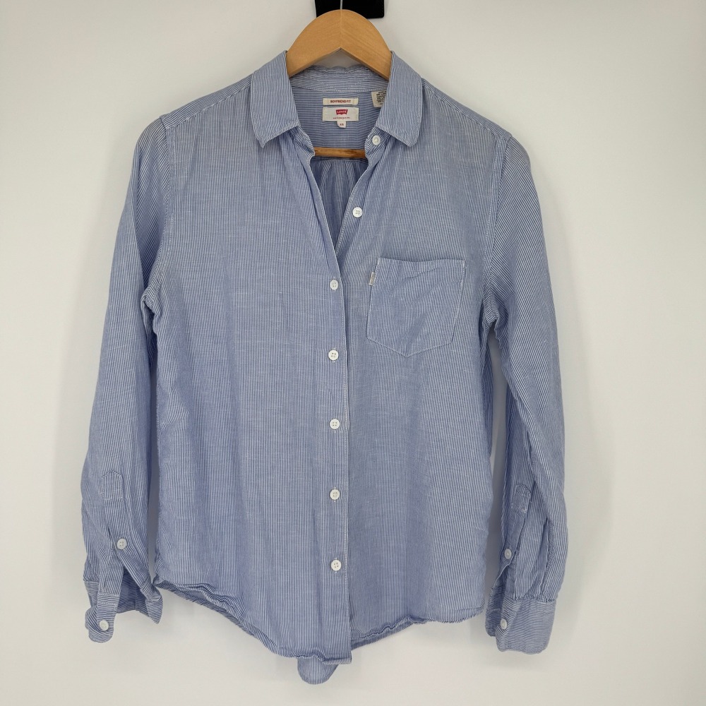 Levis Button Up Linen Cotton Boyfriend Fit Shirt XS Blue Striped Coastal Preppy